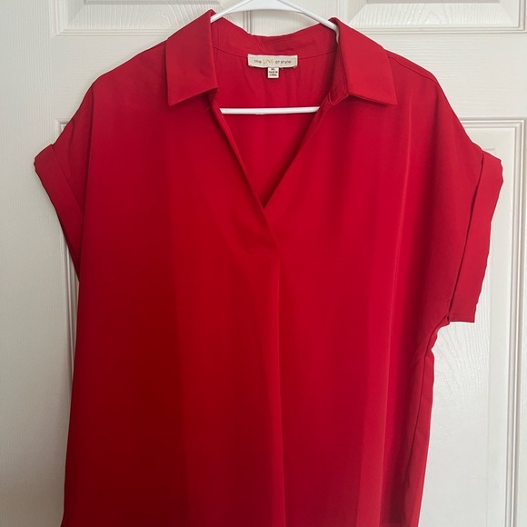Tops - Red Boxy Blouse with Notched Collar